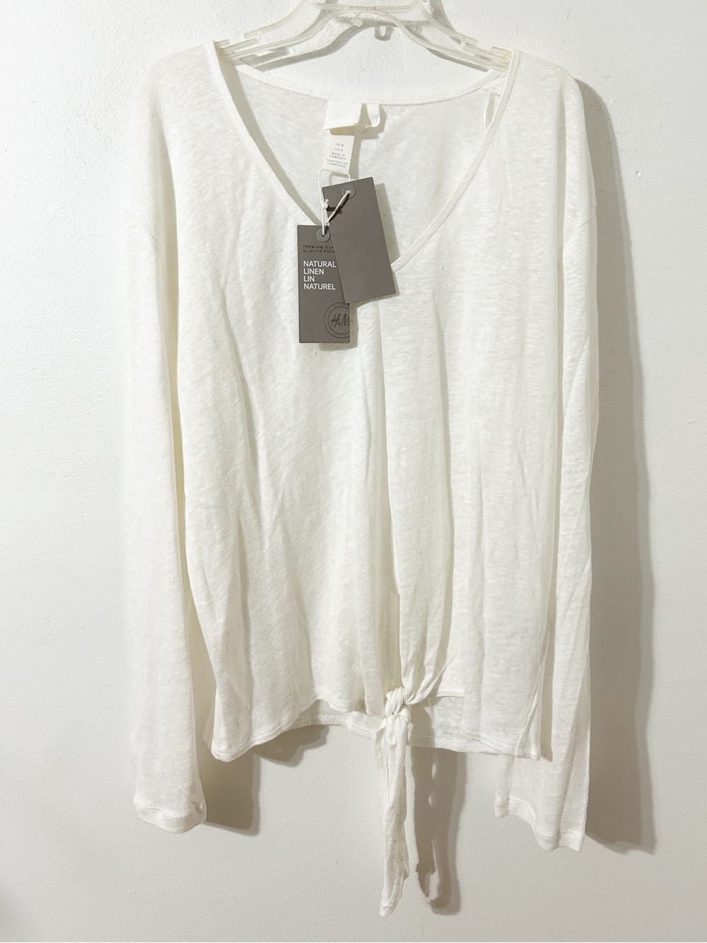 NWT H&M Premium Quality 100% Linen White V-Neck Tie Front Top Size Medium